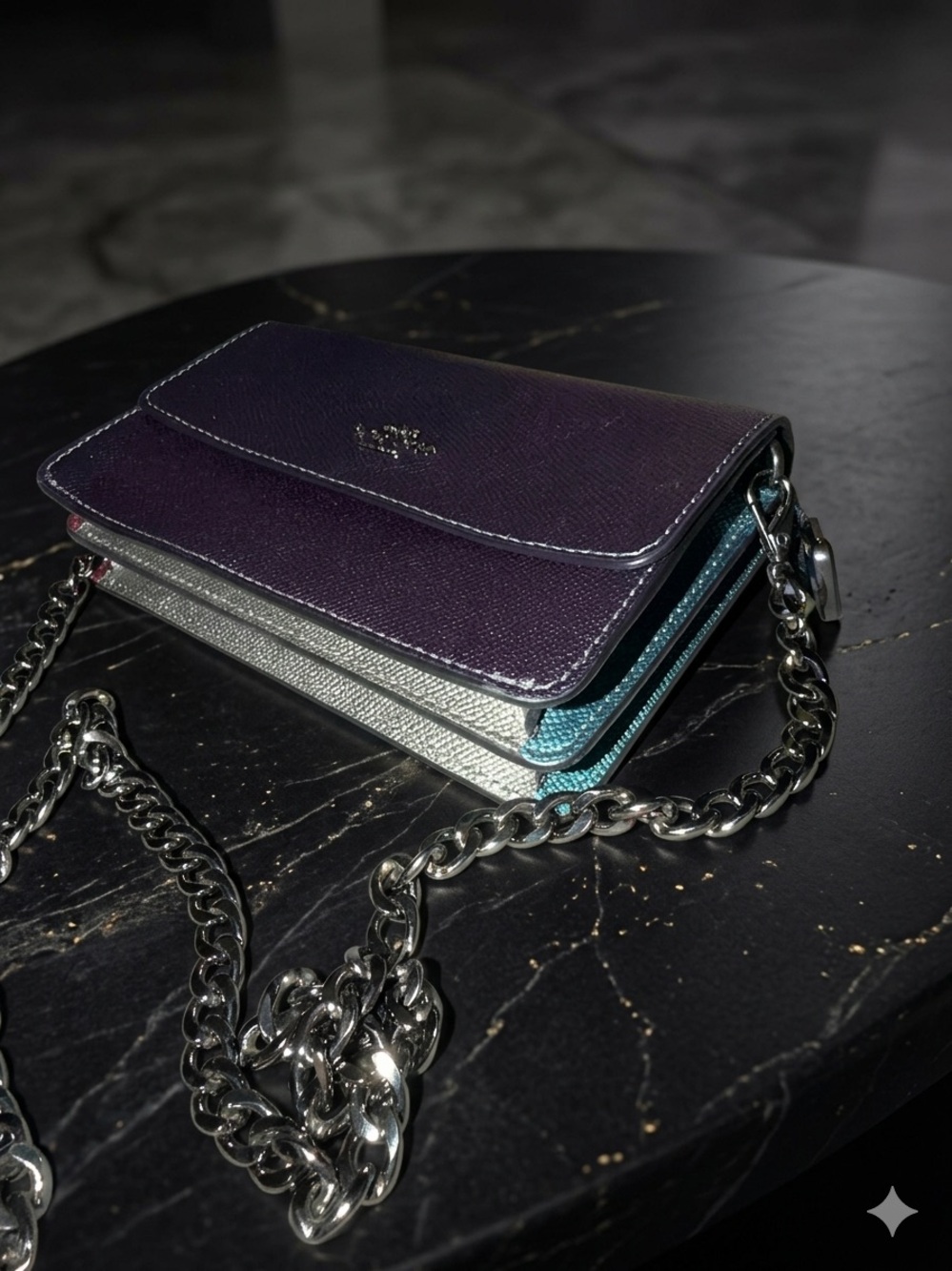 Coach navy blue metallic Pebbled Leather Crossbody with Gunmetal Chain